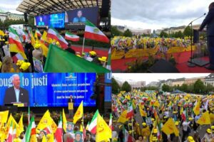 Svensk- och exiliranier, sympatisörer till Iranska nationella motståndsrådet (NCRI), firar den historiska domen mot iranska regimens bödel, Hamid Noury, med en stor demonstration på Kungsträdgården den 16 juli 2022.