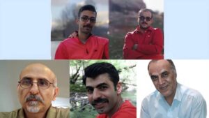 Vahid Bani-Amrian, Seyed Mohammad Taghavi, Babak Alipour, Pouya Ghobadi, och Akbar (Shahrokh) Daneshvarkar, fem politiska fångar i dödscell i Iran. Bild från NCRI.